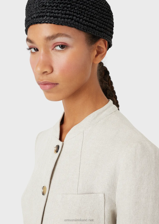 Women 086V51 Guru Collar Jacket With Belt In Micro Chevron Linen Armani Beige