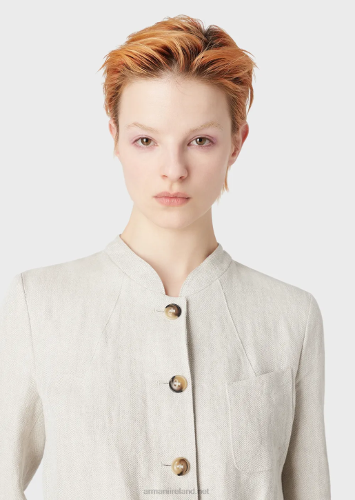 Women 086V51 Guru Collar Jacket With Belt In Micro Chevron Linen Armani Beige