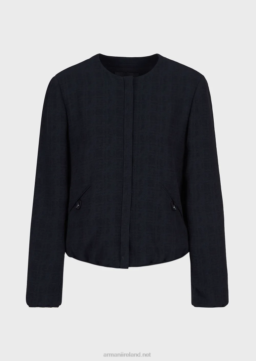 Women 086V58 Crew-Neck Jacket With Zip In Gradient Checked Jacquard Fabric Armani Navy Blue