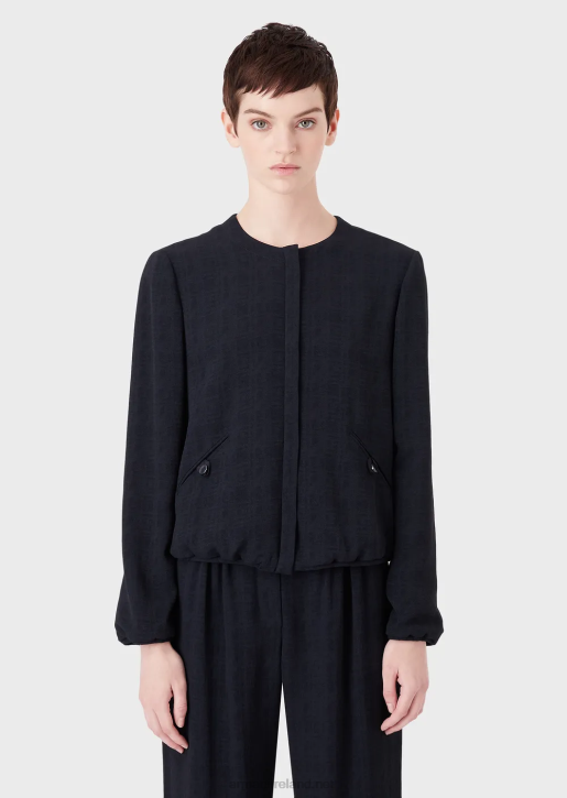Women 086V58 Crew-Neck Jacket With Zip In Gradient Checked Jacquard Fabric Armani Navy Blue