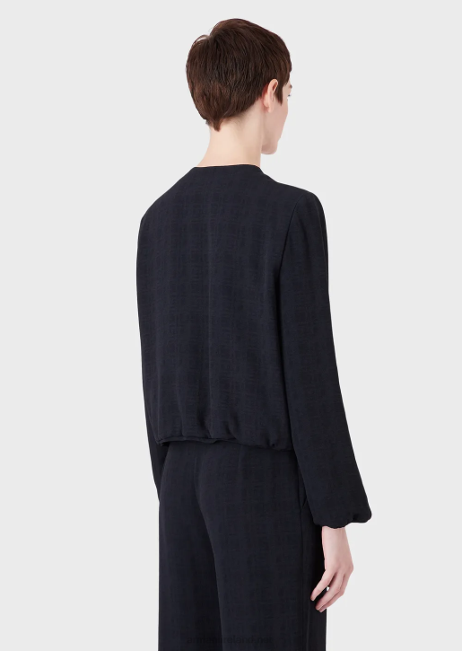 Women 086V58 Crew-Neck Jacket With Zip In Gradient Checked Jacquard Fabric Armani Navy Blue