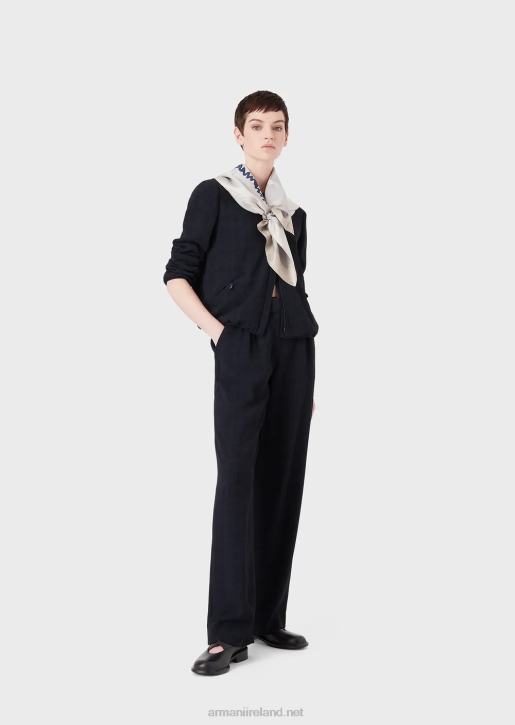 Women 086V58 Crew-Neck Jacket With Zip In Gradient Checked Jacquard Fabric Armani Navy Blue