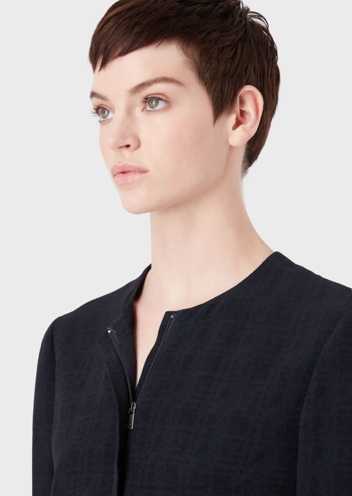 Women 086V58 Crew-Neck Jacket With Zip In Gradient Checked Jacquard Fabric Armani Navy Blue