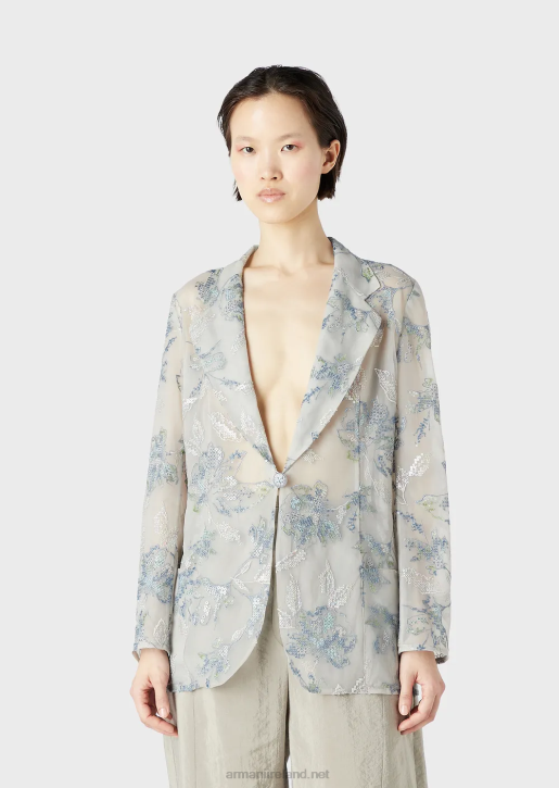 Women 086V61 Tulle Single-Breasted Jacket With Floral Embroidery And Iridescent Sequins Armani