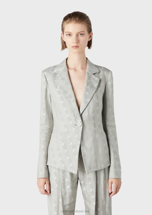 Women 086V62 Single-Breasted Jacket In A Fluid Cupro And Linen Blend Jacquard With A Geometric Pattern Armani Gray