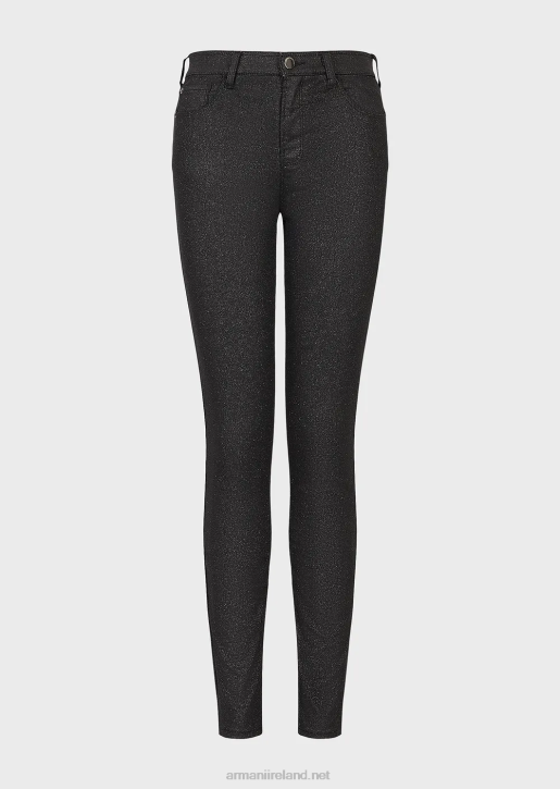 Women 086V2752 J20 High-Waisted, Super Skinny Leg Coated Stretch Denim Jeans With Glitter Armani Black