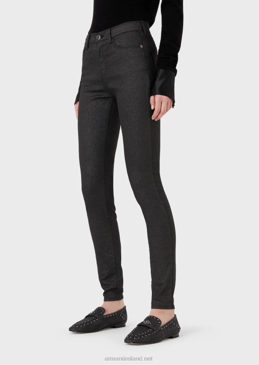 Women 086V2752 J20 High-Waisted, Super Skinny Leg Coated Stretch Denim Jeans With Glitter Armani Black