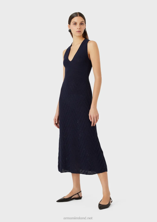 Women 086V111 Chevron Motif Knit Long Dress Armani Navy Blue