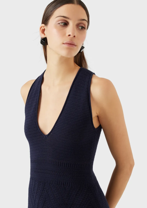 Women 086V111 Chevron Motif Knit Long Dress Armani Navy Blue