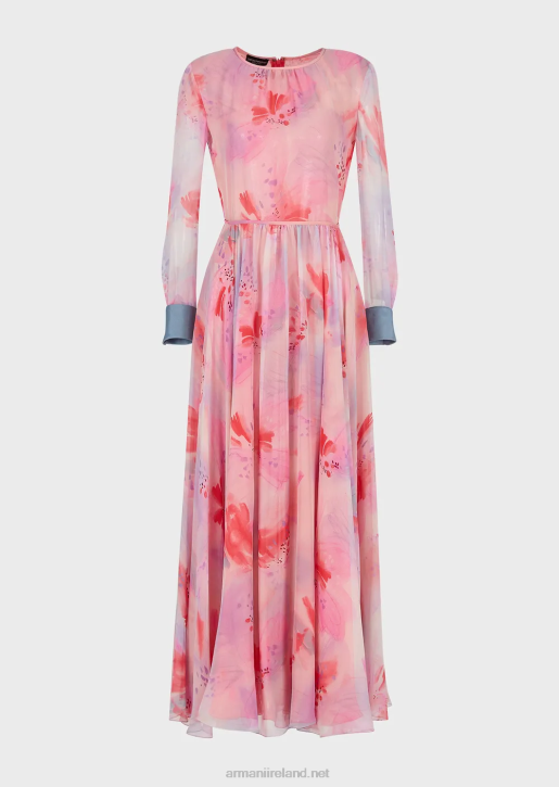 Women 086V115 Floral-Print Silk-Chiffon Long Dress With Cuffs Armani