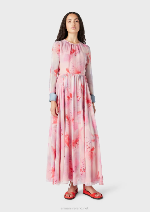 Women 086V115 Floral-Print Silk-Chiffon Long Dress With Cuffs Armani