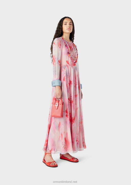 Women 086V115 Floral-Print Silk-Chiffon Long Dress With Cuffs Armani