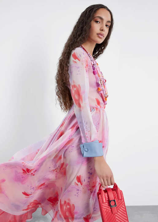 Women 086V115 Floral-Print Silk-Chiffon Long Dress With Cuffs Armani