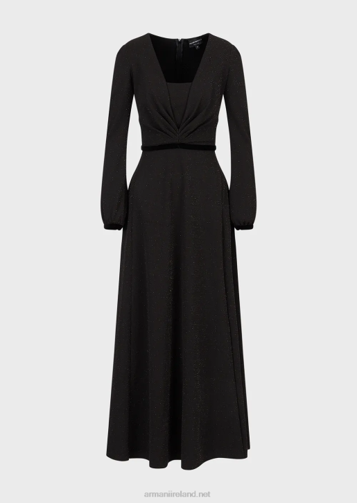 Women 086V116 V-Neck Midi Dress With Pleated Detail In Lurex Fabric Armani Black