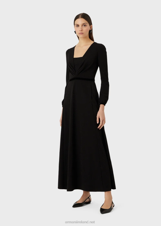 Women 086V116 V-Neck Midi Dress With Pleated Detail In Lurex Fabric Armani Black