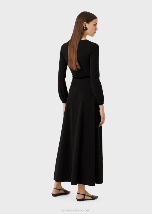 Women 086V116 V-Neck Midi Dress With Pleated Detail In Lurex Fabric Armani Black