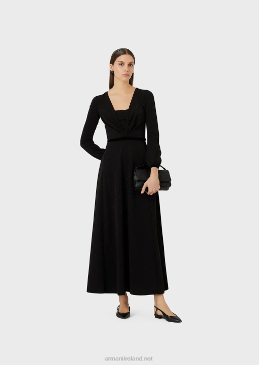 Women 086V116 V-Neck Midi Dress With Pleated Detail In Lurex Fabric Armani Black