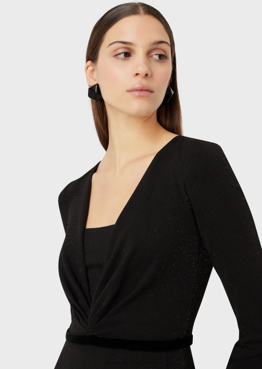 Women 086V116 V-Neck Midi Dress With Pleated Detail In Lurex Fabric Armani Black