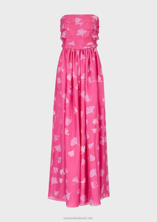 Women 086V125 Long Dress With Flounced Bodice In Ginkgo-Print Silk Seersucker Armani Flowers