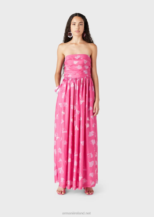 Women 086V125 Long Dress With Flounced Bodice In Ginkgo-Print Silk Seersucker Armani Flowers