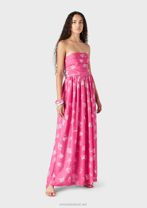 Women 086V125 Long Dress With Flounced Bodice In Ginkgo-Print Silk Seersucker Armani Flowers