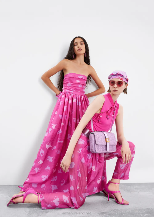 Women 086V125 Long Dress With Flounced Bodice In Ginkgo-Print Silk Seersucker Armani Flowers