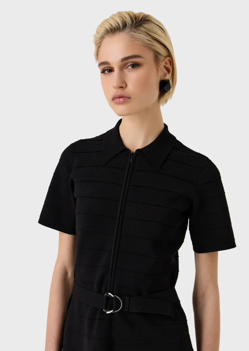 Women 086V68 Striped-Effect, Knit-Fabric Belted Dress Armani Black