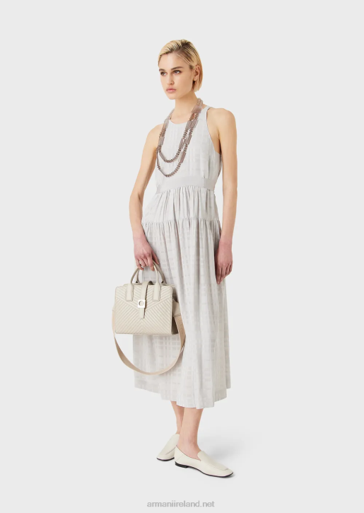 Women 086V70 Check Viscose Sleeveless Long Dress With Grosgrain Belt Armani Gray