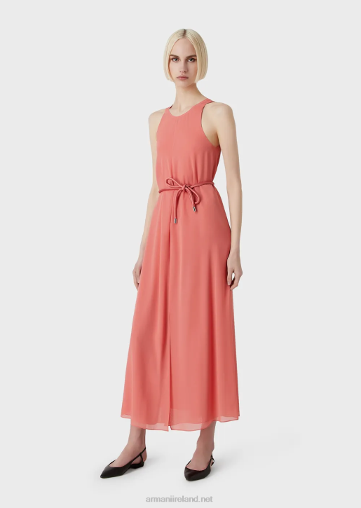 Women 086V71 Crepon Sleeveless Long Dress With Side Slits Armani Pink