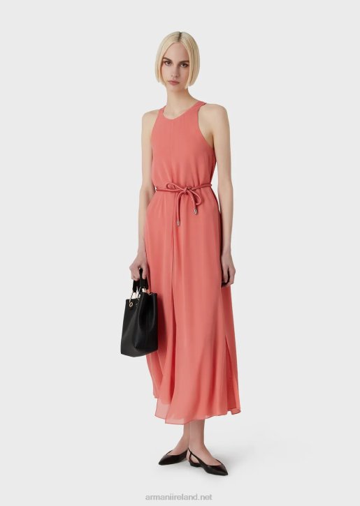 Women 086V71 Crepon Sleeveless Long Dress With Side Slits Armani Pink