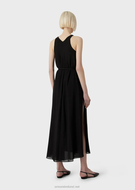 Women 086V73 Crepon Sleeveless Long Dress With Side Slits Armani Black