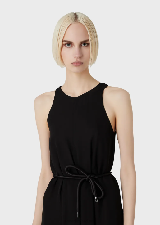 Women 086V73 Crepon Sleeveless Long Dress With Side Slits Armani Black