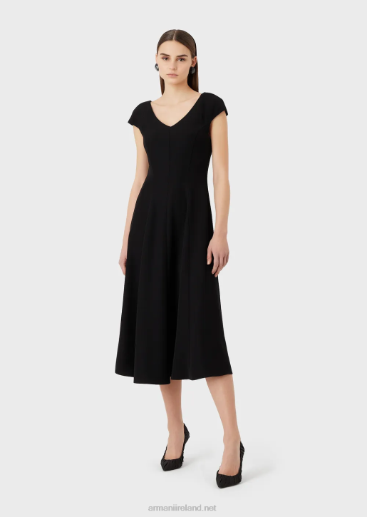 Women 086V76 Techno-Cady Flared Midi Dress With A V Neck Armani Black