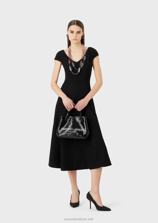 Women 086V76 Techno-Cady Flared Midi Dress With A V Neck Armani Black