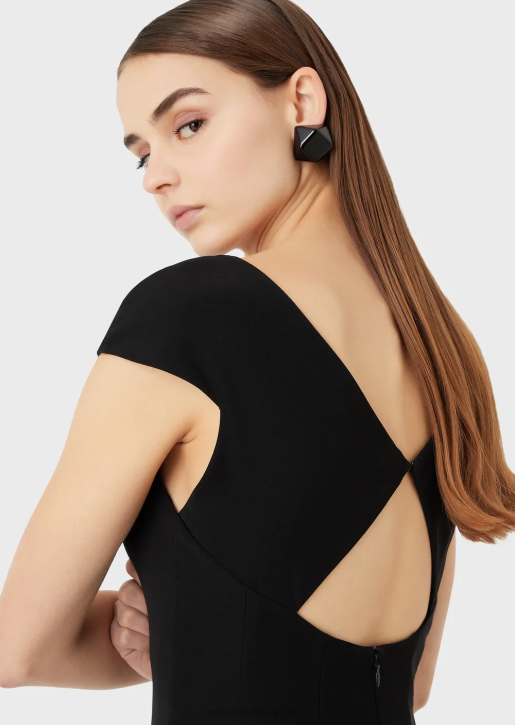 Women 086V76 Techno-Cady Flared Midi Dress With A V Neck Armani Black