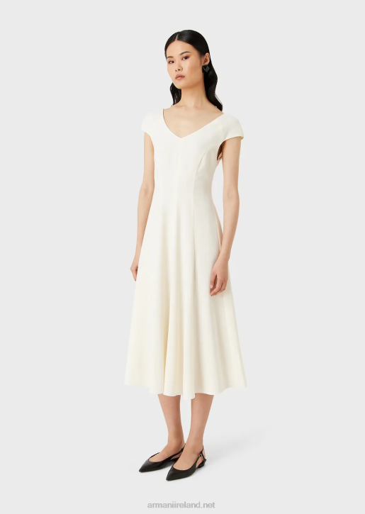 Women 086V77 Techno-Cady Flared Midi Dress With A V Neck Armani White