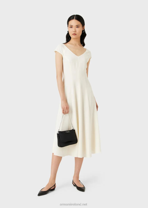 Women 086V77 Techno-Cady Flared Midi Dress With A V Neck Armani White