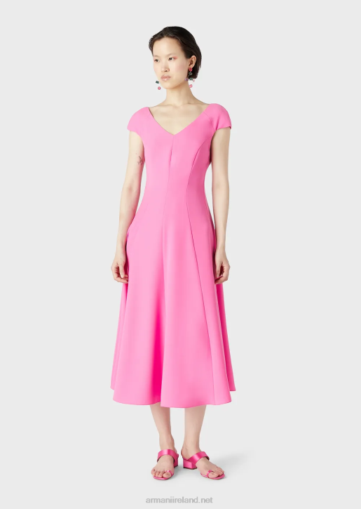 Women 086V78 Techno-Cady Flared Midi Dress With A V Neck Armani Fuchsia