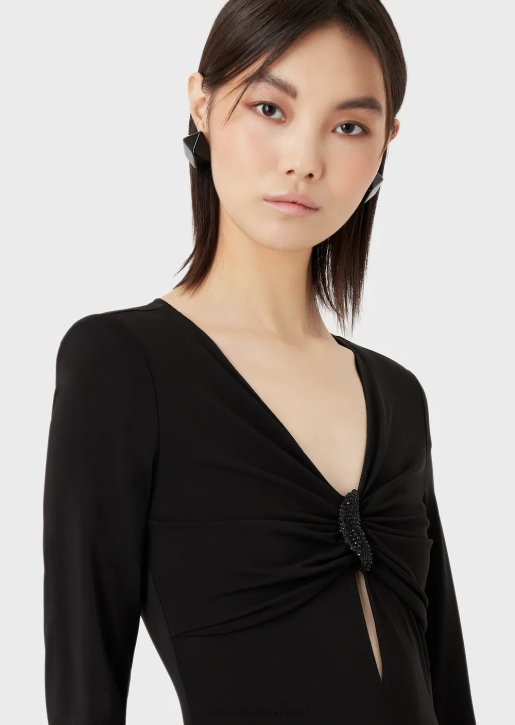 Women 086V87 Dress With Peephole And Rhinestones In Stretch Jersey Crepe Armani Black