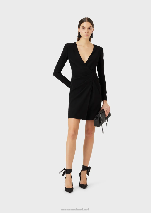 Women 086V88 Technical Cady Draped Dress With A Cross-Over Neckline Armani Black