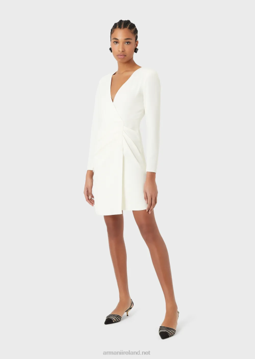 Women 086V89 Technical Cady Draped Dress With A Cross-Over Neckline Armani White