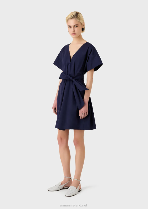 Women 086V93 Sanded Cotton Dress With Sash Armani Navy Blue