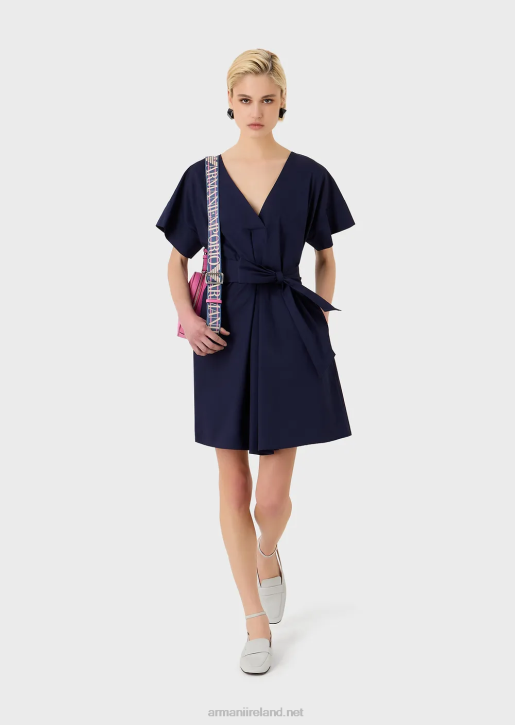 Women 086V93 Sanded Cotton Dress With Sash Armani Navy Blue