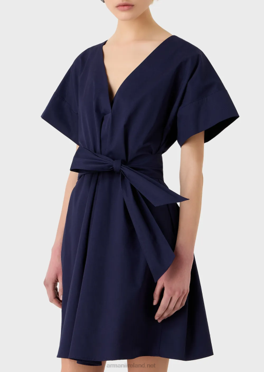 Women 086V93 Sanded Cotton Dress With Sash Armani Navy Blue