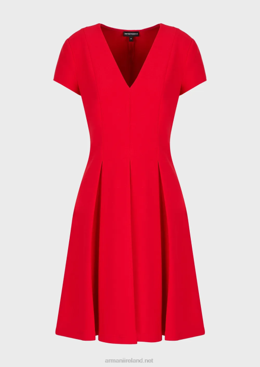 Women 086V97 V-Neck Flared Dress With Godet Pleats Armani Red