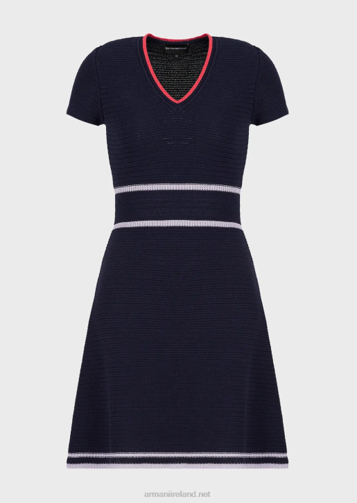 Women 086V98 Milano Stitch Knit V-Neck Dress Armani Navy Blue