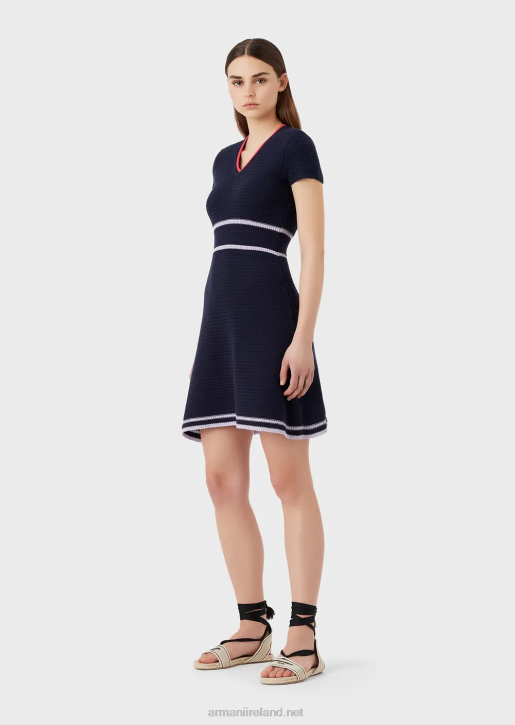 Women 086V98 Milano Stitch Knit V-Neck Dress Armani Navy Blue