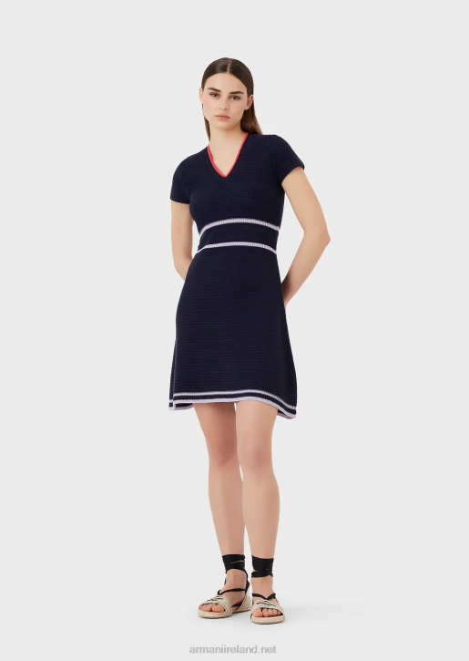 Women 086V98 Milano Stitch Knit V-Neck Dress Armani Navy Blue