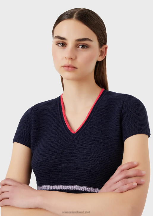 Women 086V98 Milano Stitch Knit V-Neck Dress Armani Navy Blue