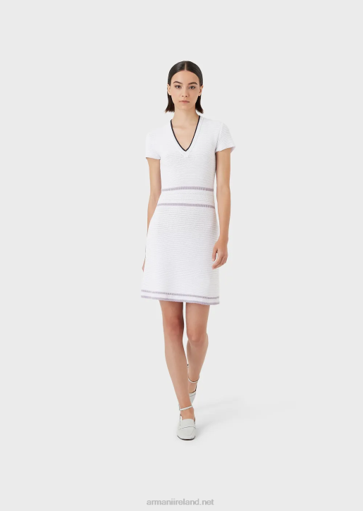 Women 086V99 Milano Stitch Knit V-Neck Dress Armani White